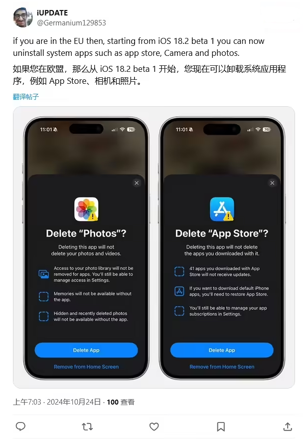 娄底苹果手机维修分享iOS 18.2 支持删除 App Store 应用商店 